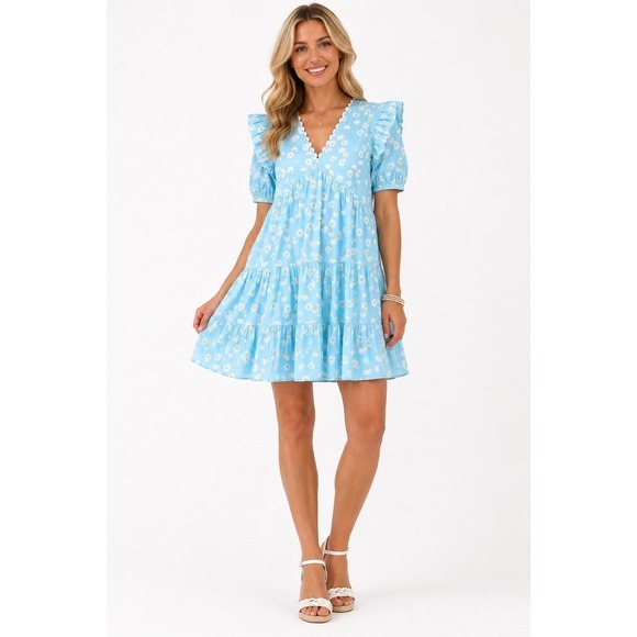 Simply Southern Dresses & Skirts - Simply Southern Daisy Print Tiered Mini Dress Blue Cotton Cottagecore Ruffle M